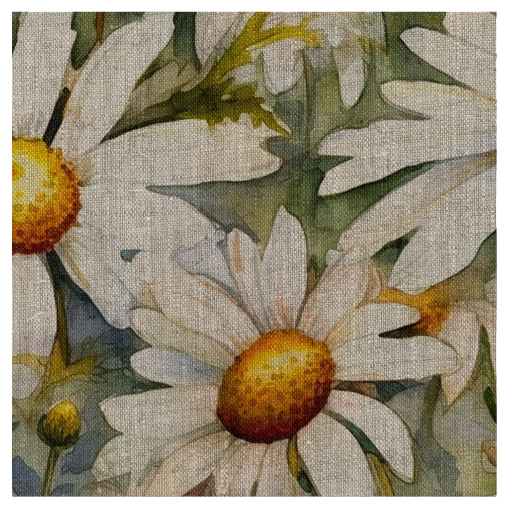 Watercolor Daisies (Light) Printed Natural Linen Fabric