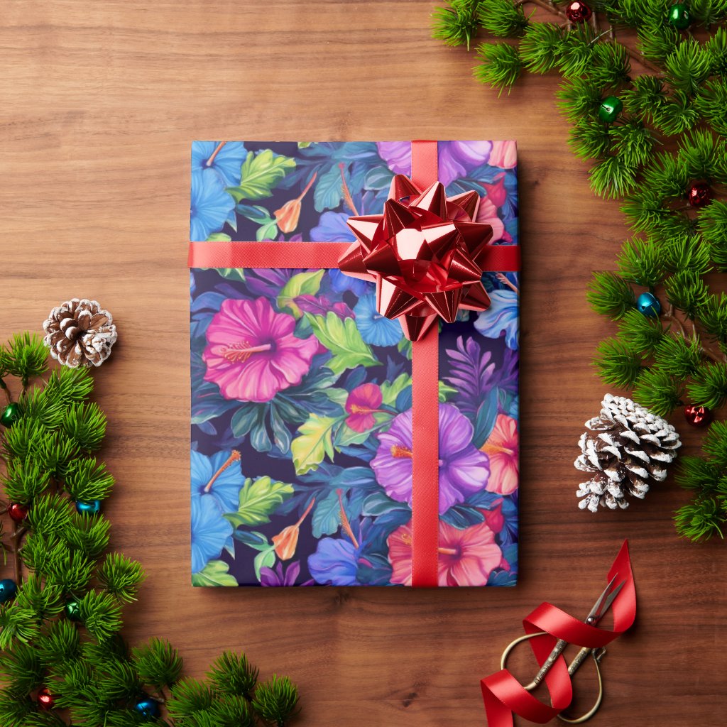 Watercolor Hibiscus (Dark #4) Wrapping Paper Roll