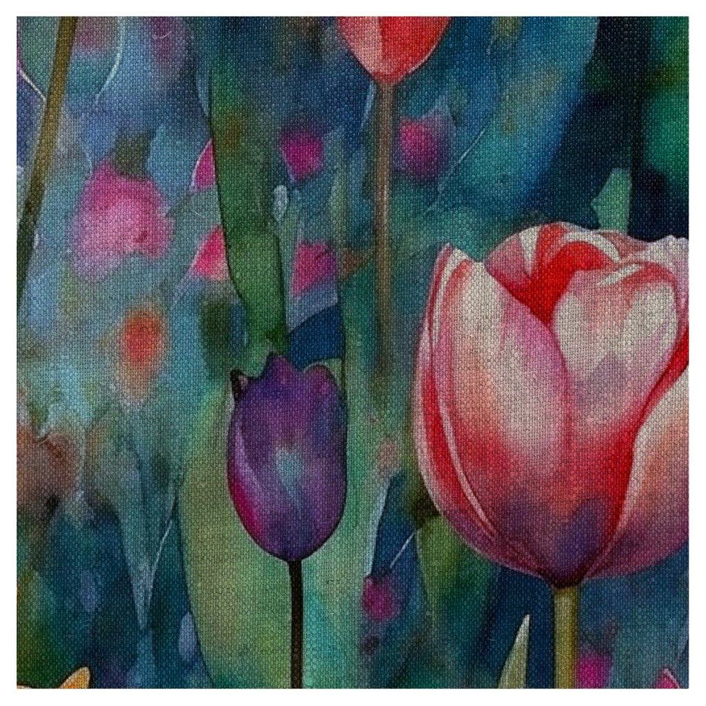 Watercolor Tulips (Dark) - Natural Linen Fabric