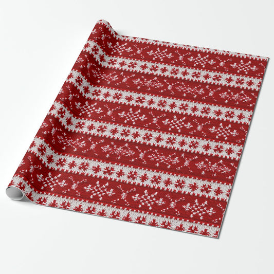 Rollo de papel de regalo Ugly Sweater con copos de nieve rojos y blancos
