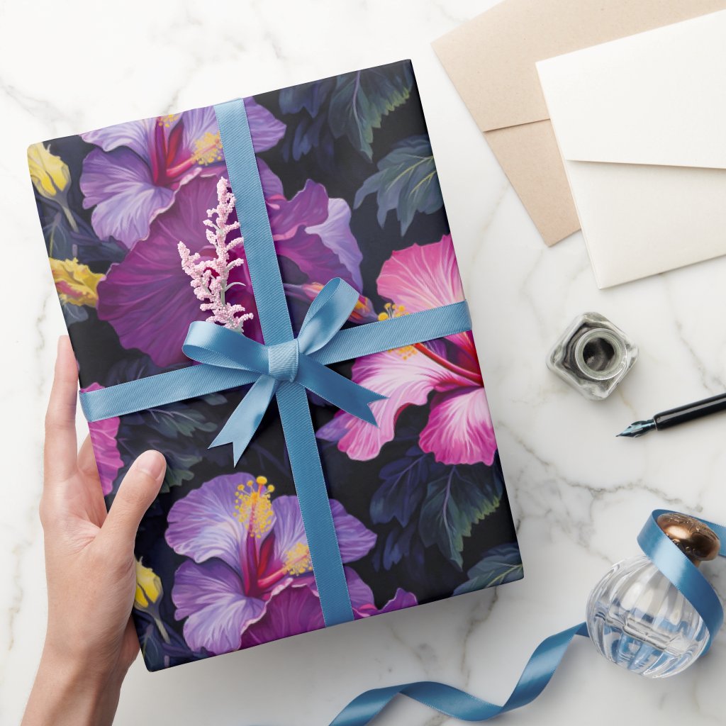 Watercolor Hibiscus (Dark #2) Wrapping Paper Roll