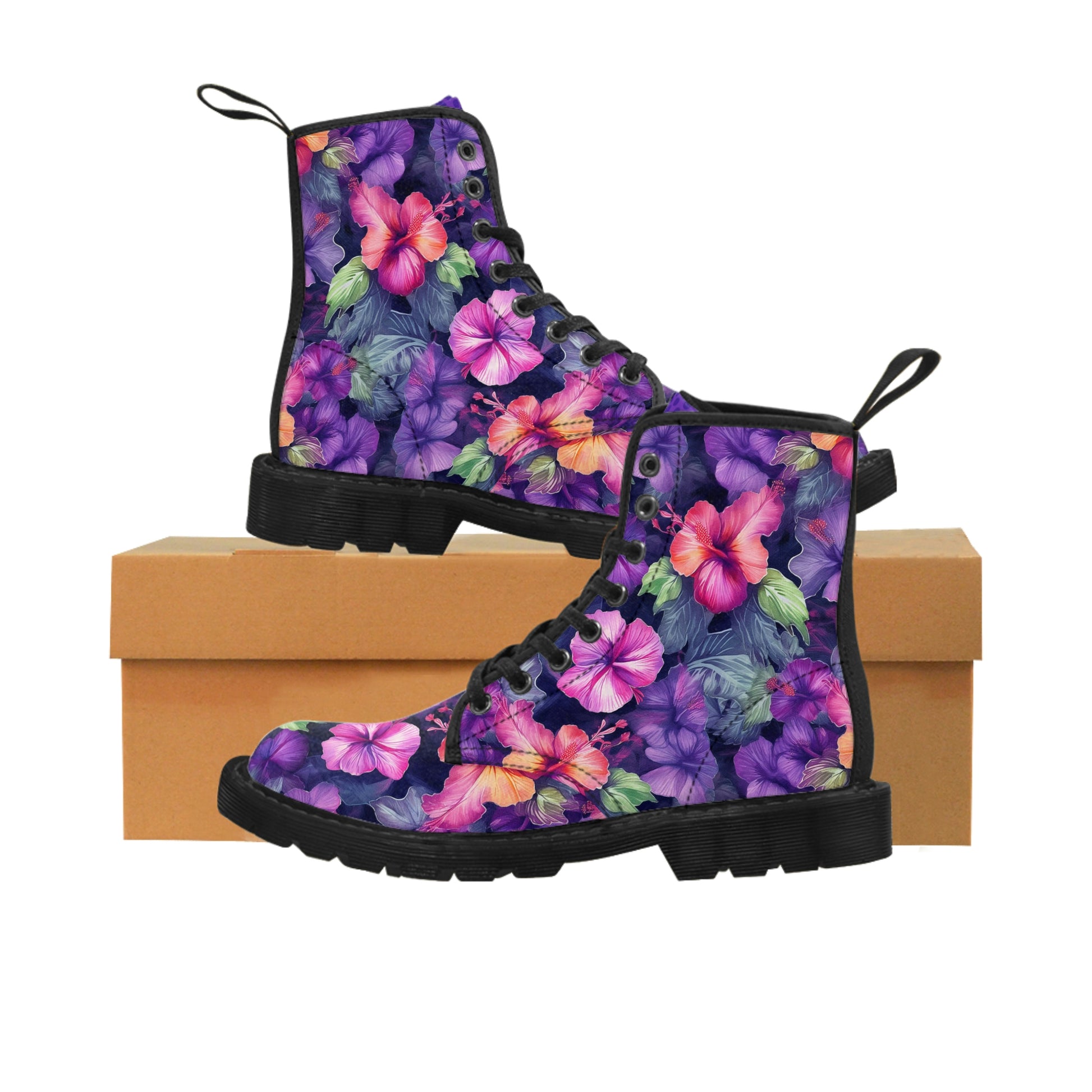 Watercolor Hibiscus Flowers (Dark I) Women's Canvas Boots by Studio Ten Design