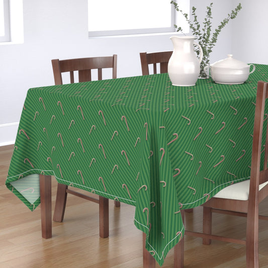 Candy Canes on Green Stripes Square or Rectangular Tablecloth