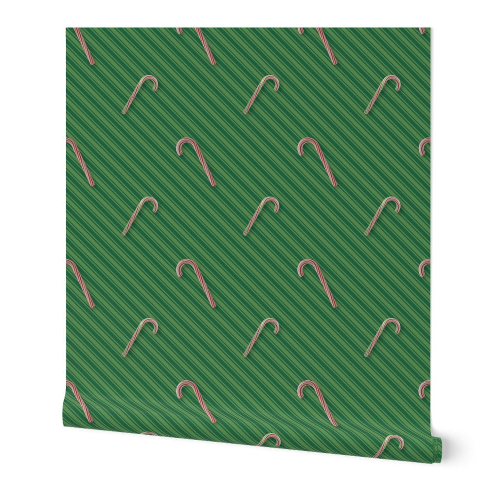 Candy Canes on Green Stripes Wallpaper