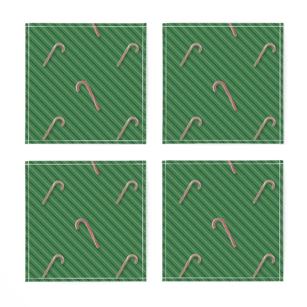 Candy Canes on Green Stripes Cloth Cocktail Napkins