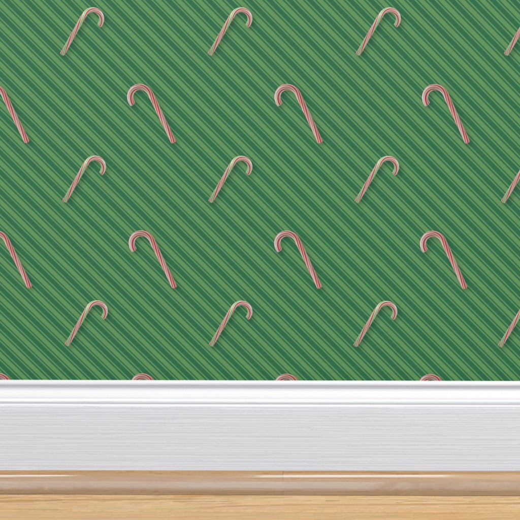 Candy Canes on Green Stripes Wallpaper