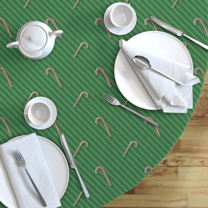 Candy Canes on Green Stripes Round Tablecloths