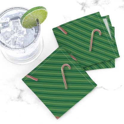 Candy Canes on Green Stripes Cloth Cocktail Napkins