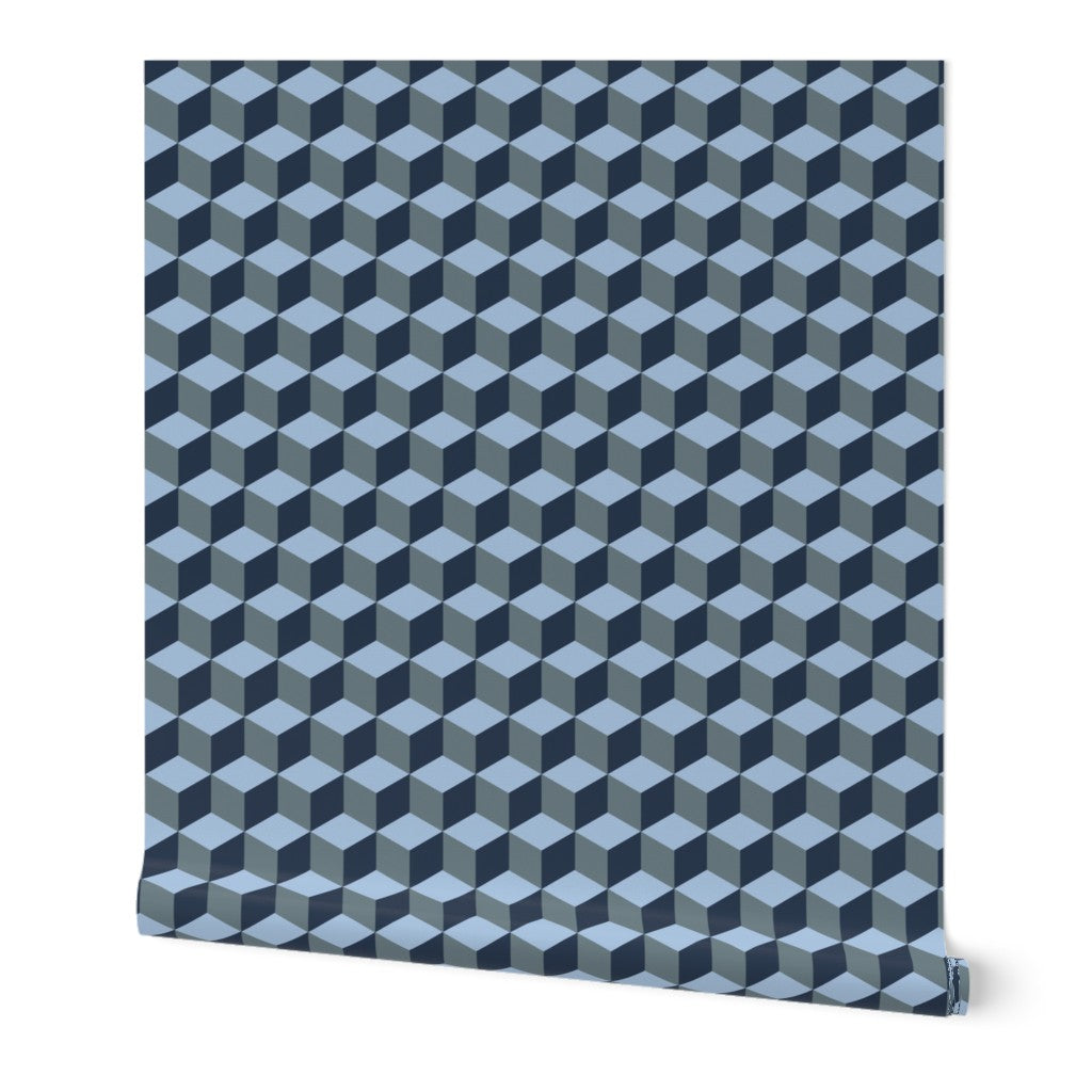 Tumbling Blocks: Sky Blue, Slate, Navy Wallpaper