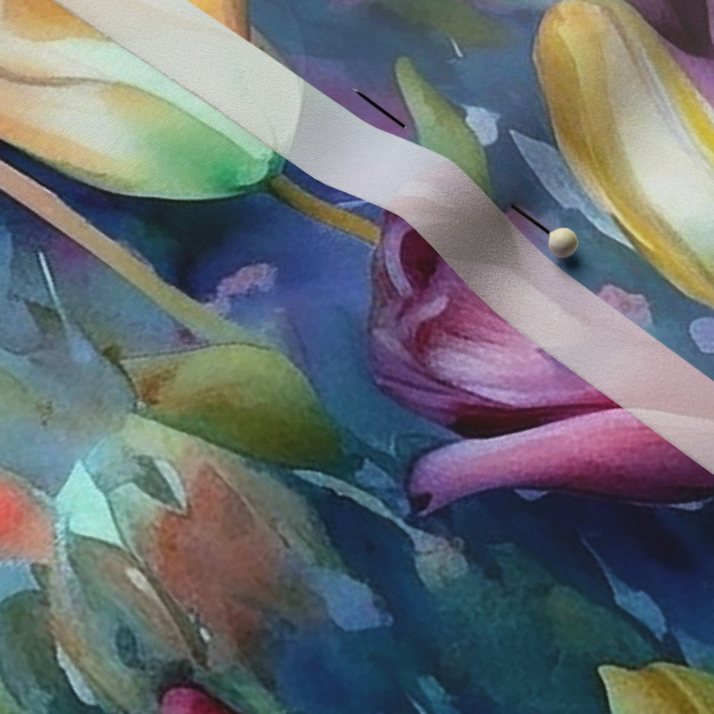 Midnight Sonata Watercolor Tulips Poly Crepe de Chine Printed Fabric by Studio Ten Design