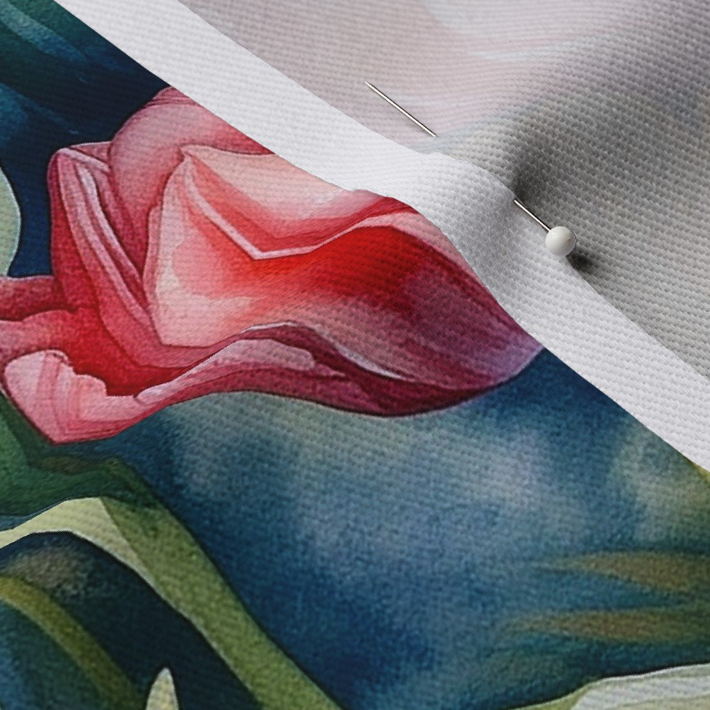 Vibrant Rhapsody Watercolor Tulips Dogwood Denim Printed Fabric by Studio Ten Design