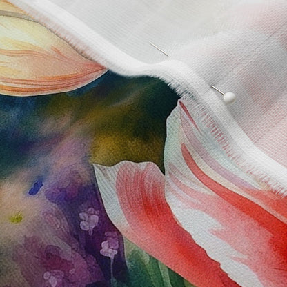 Vibrant Rhapsody Watercolor Tulips Organic Sweet Pea Gauze Printed Fabric by Studio Ten Design