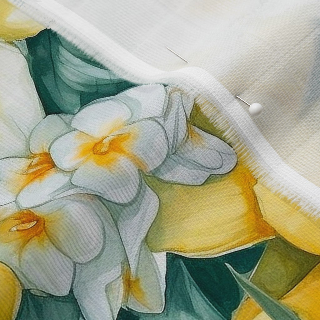 Springtime Symphony Watercolor Daffodils Organic Sweet Pea Gauze Printed Fabric by Studio Ten Design