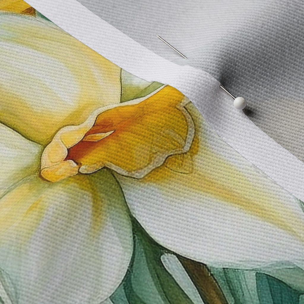 Springtime Symphony Watercolor Daffodils Dogwood Denim Printed Fabric by Studio Ten Design