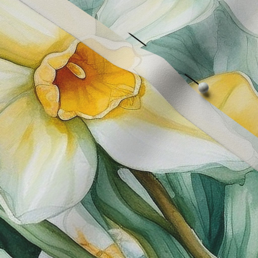 Springtime Symphony Watercolor Daffodils Poly Crepe de Chine Printed Fabric by Studio Ten Design