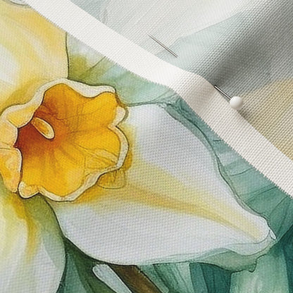 Springtime Symphony Watercolor Daffodils Linen Cotton Canvas Printed Fabric by Studio Ten Design