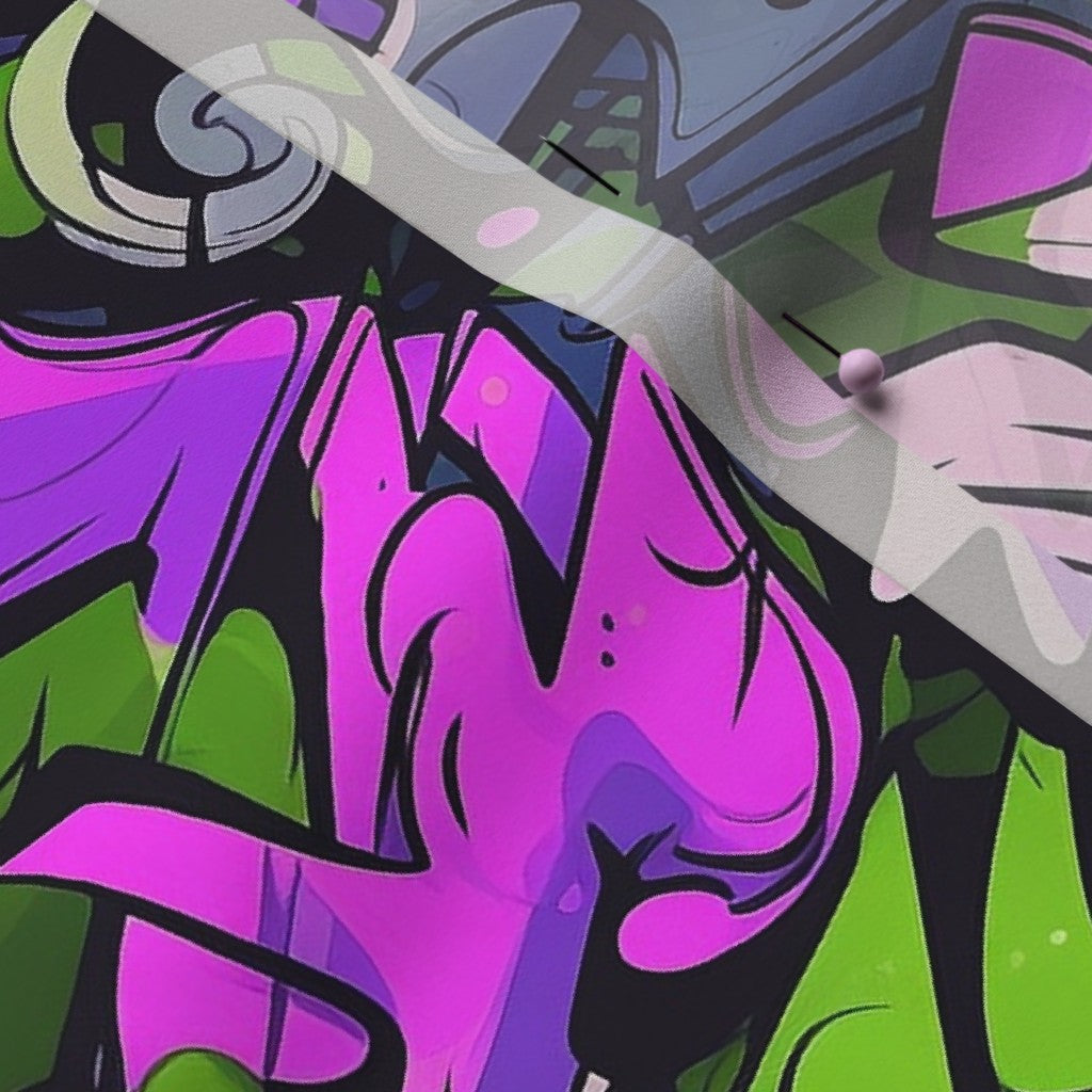Graffiti Wildstyle (Green, Pink & Purple) Poly Crepe de Chine Printed Fabric by Studio Ten Design