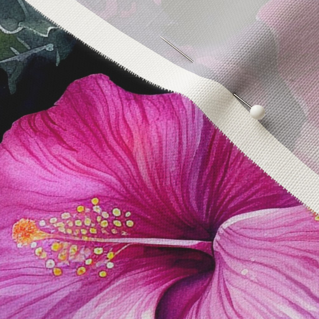 Watercolor Hibiscus (Dark III) Linen Cotton Canvas Printed Fabric by Studio Ten Design