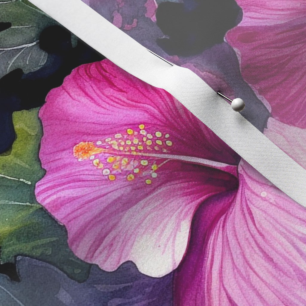 Watercolor Hibiscus (Dark III) Satin Printed Fabric by Studio Ten Design