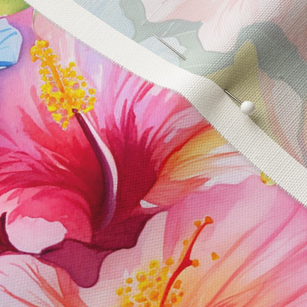 Watercolor Hibiscus Flower (Light I) Linen Cotton Canvas Printed Fabric by Studio Ten Design