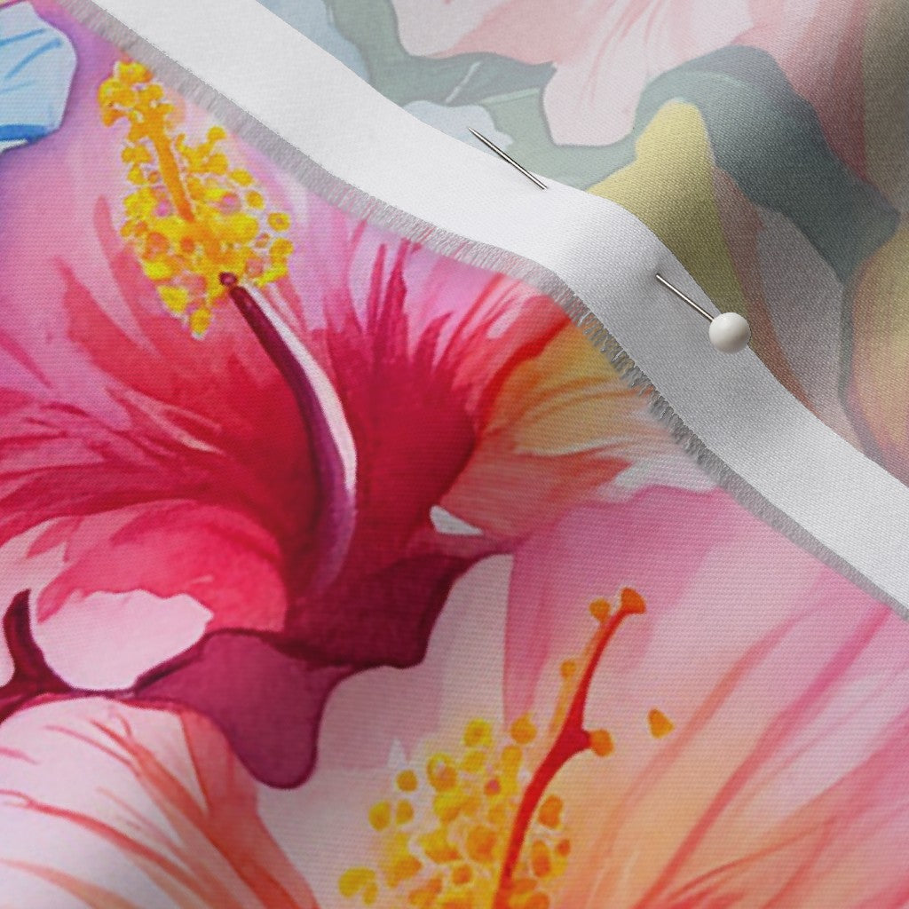 Watercolor Hibiscus Flower (Light I) Organic Cotton Sateen Printed Fabric by Studio Ten Design