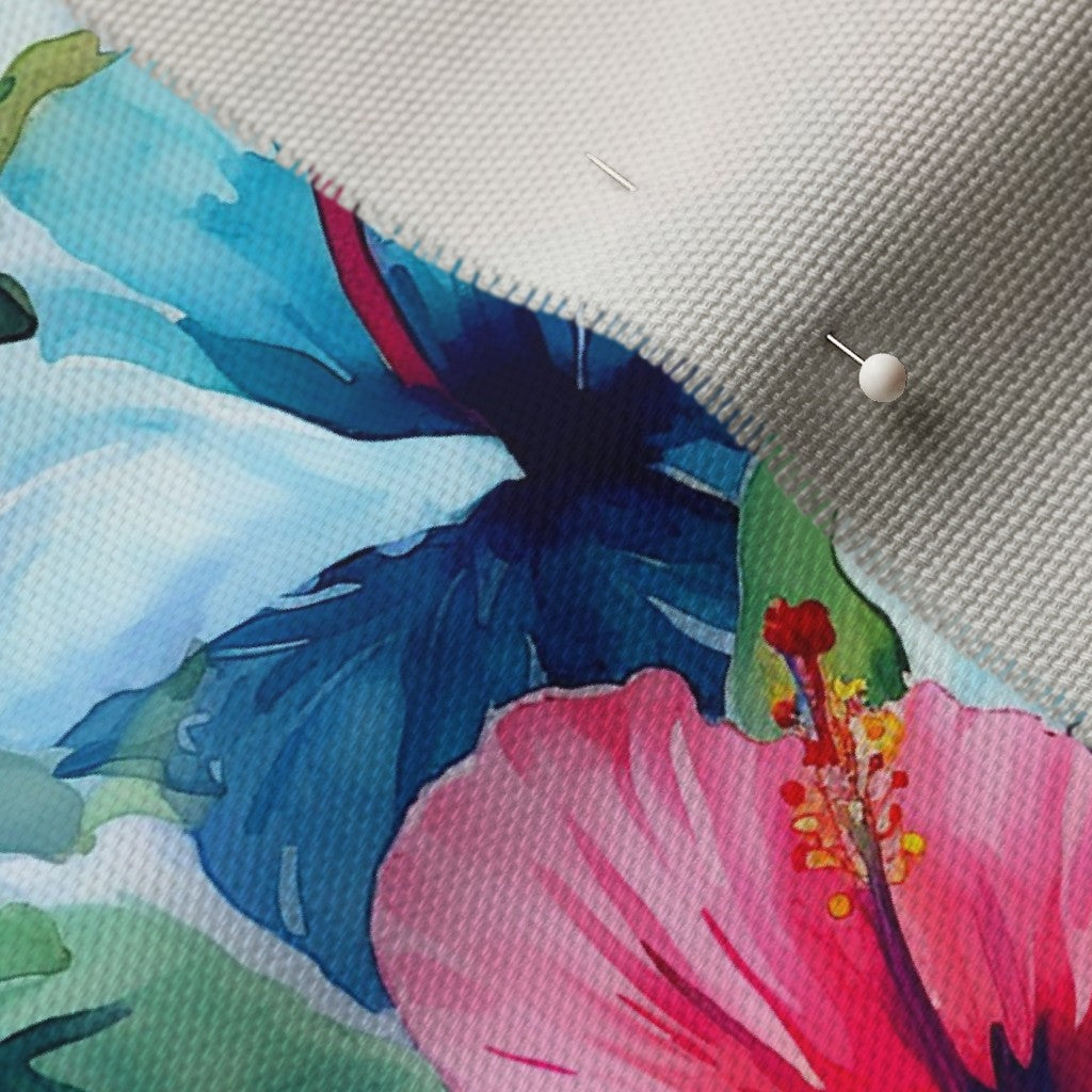 Watercolor Hibiscus Flowers (Light IV) Cypress Cotton Canvas Printed Fabric by Studio Ten Design