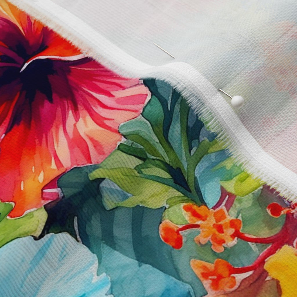 Watercolor Hibiscus Flowers (Light IV) Organic Sweet Pea Gauze Printed Fabric by Studio Ten Design