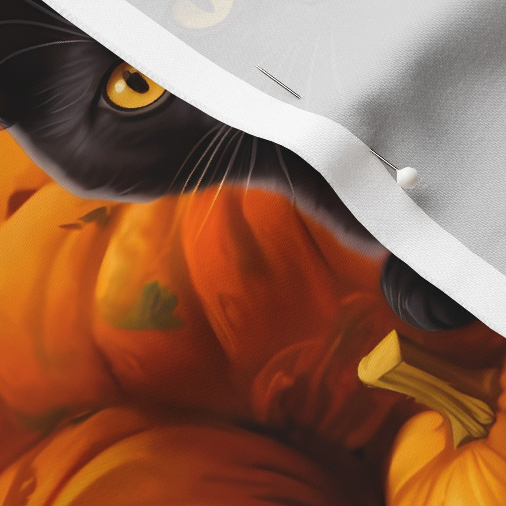 Black Kittens in the Pumpkin Patch Longleaf Sateen Grand Printed Fabric by Studio Ten Design
