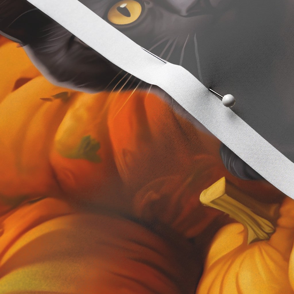 Black Kittens in the Pumpkin Patch Satin Printed Fabric by Studio Ten Design