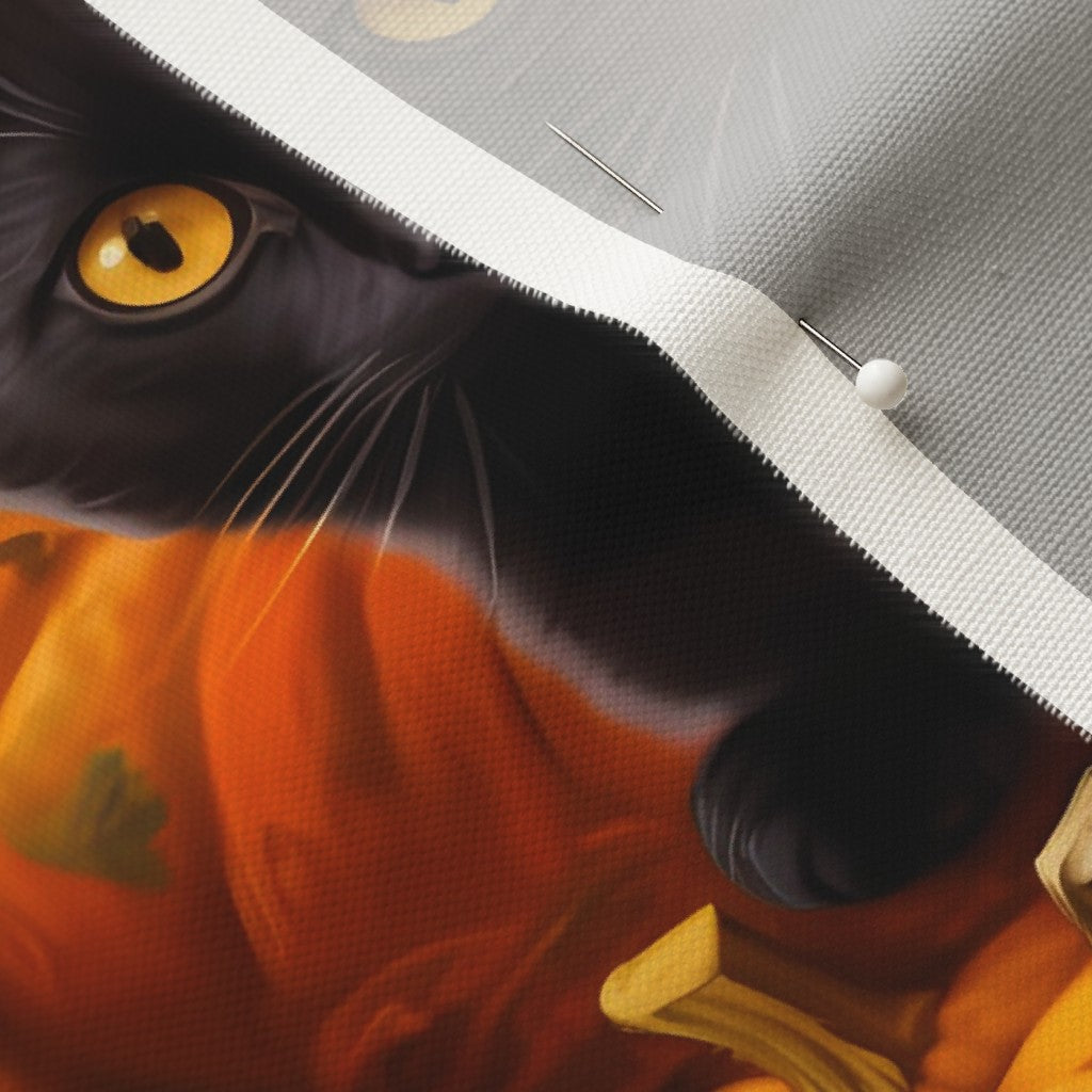 Black Kittens in the Pumpkin Patch Linen Cotton Canvas Printed Fabric by Studio Ten Design