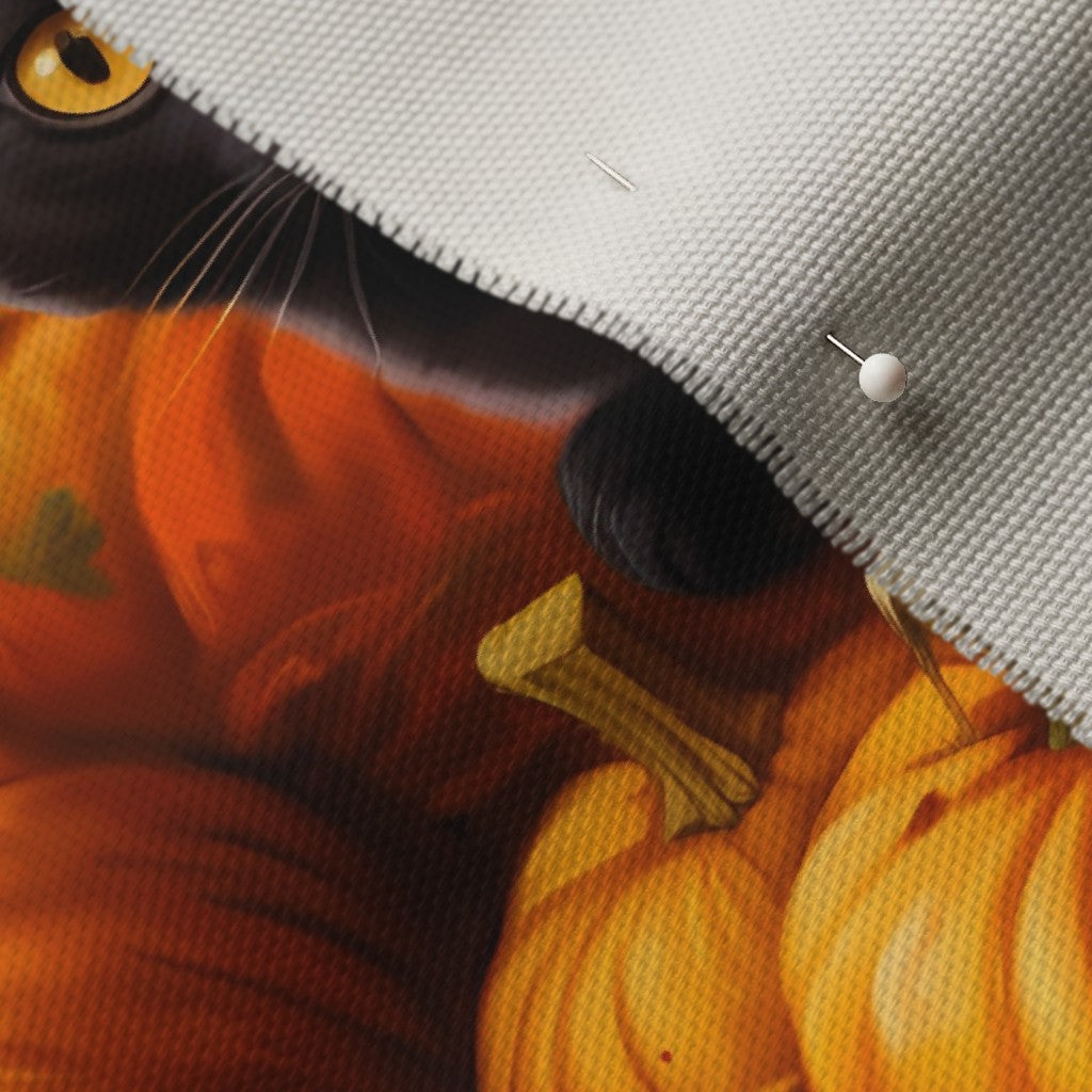 Black Kittens in the Pumpkin Patch Cypress Cotton Canvas Printed Fabric by Studio Ten Design