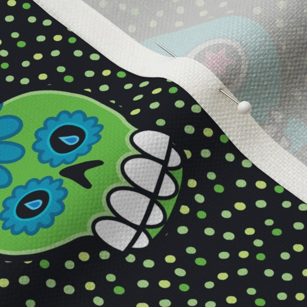 Dia de los Muertos (Green) Performance Linen Printed Fabric by Studio Ten Design