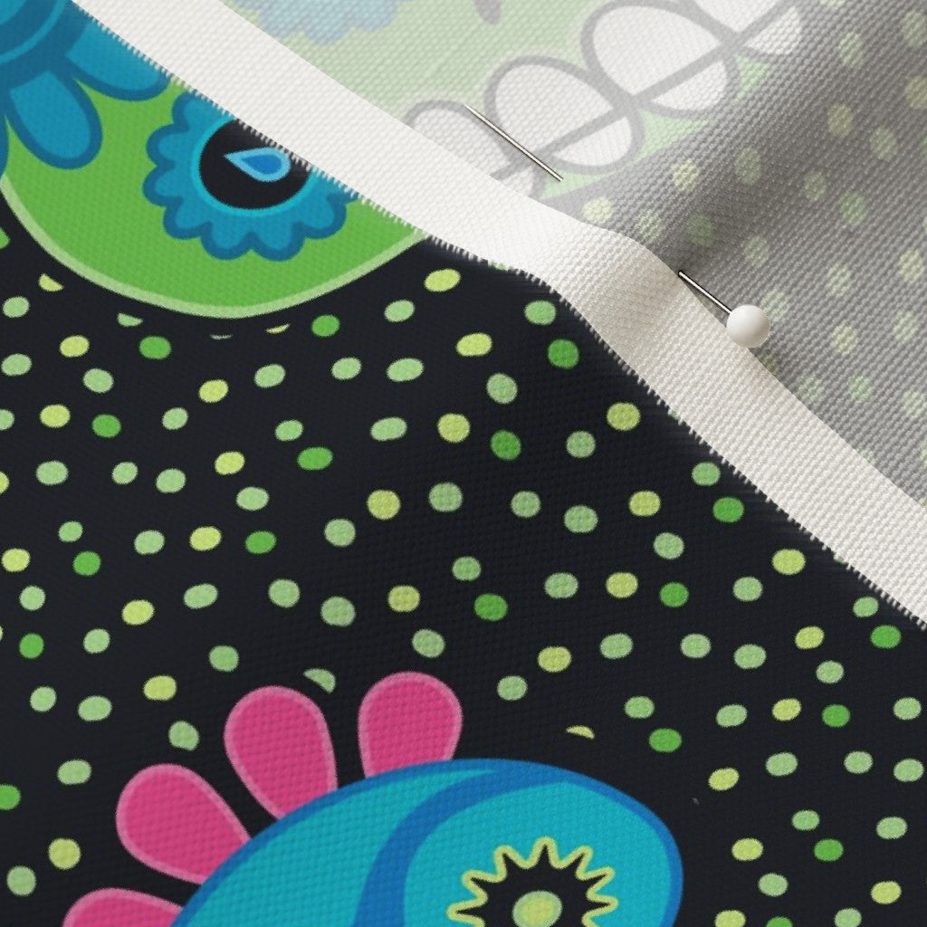 Dia de los Muertos (Green) Linen Cotton Canvas Printed Fabric by Studio Ten Design