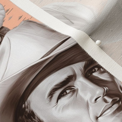 Handsome Cowboys Toile (Peach) Linen Cotton Canvas Printed Fabric by Studio Ten Design