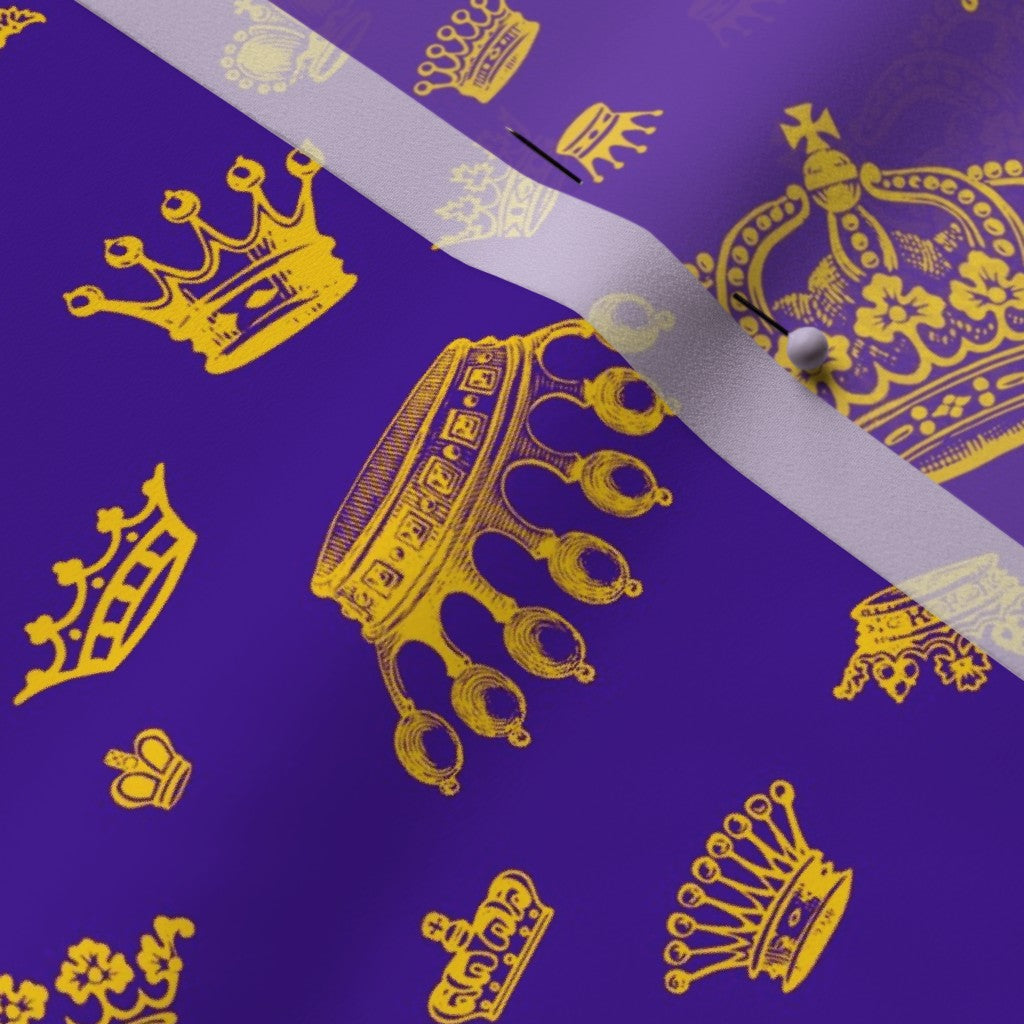 Royal Crowns Golden Yellow+Royal Purple Poly Crepe de Chine Printed Fabric by Studio Ten Design