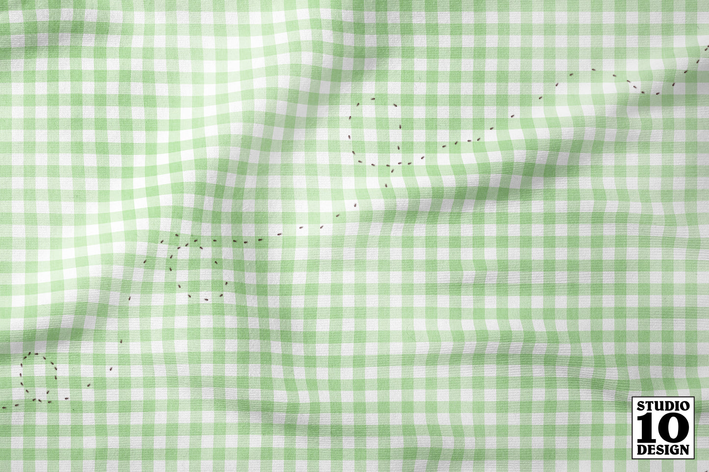 Ants at the Picnic, Green Gingham Printed Fabric by Studio Ten Design