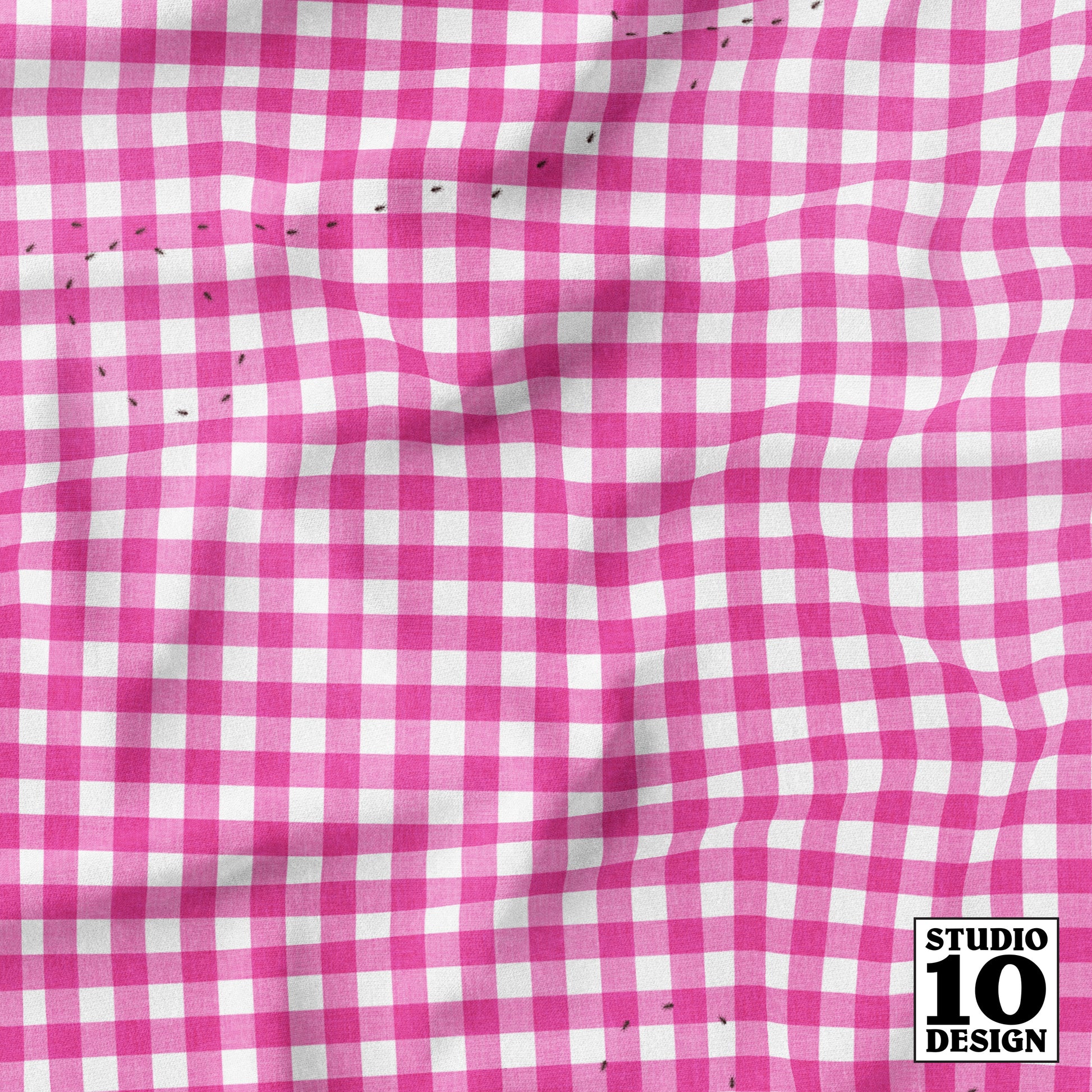 Ants at the Picnic, Pink Gingham Printed Fabric by Studio Ten Design