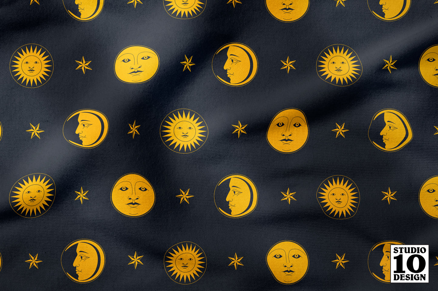 Astrology (Marigold on Black) Printed Fabric by Studio Ten Design