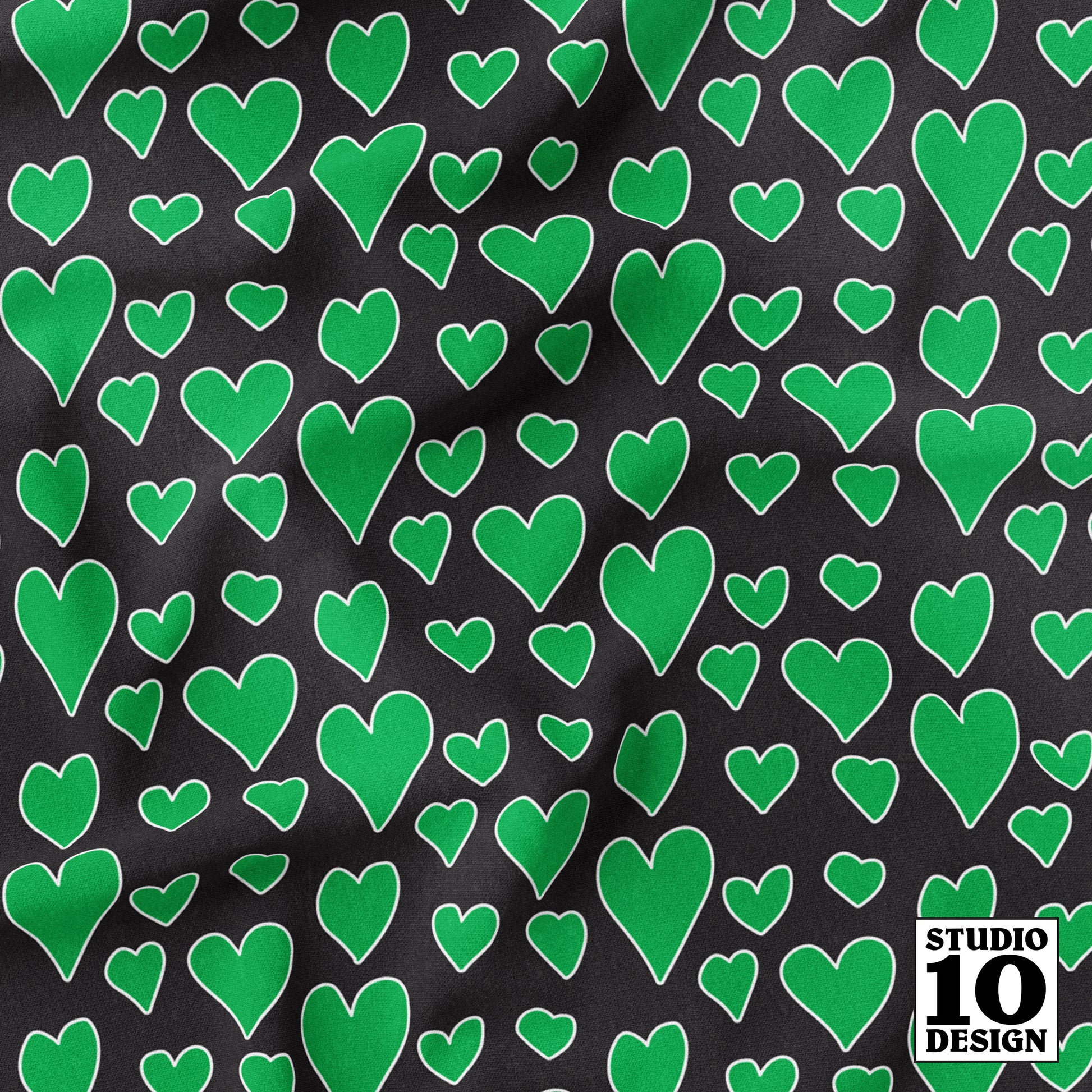 Rainbow Hearts Green+Black Printed Fabric by Studio Ten Design