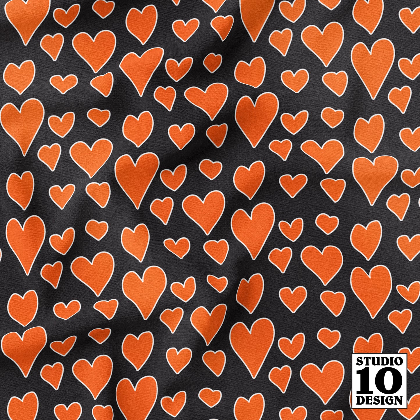 Rainbow Hearts Orange+Black Printed Fabric by Studio Ten Design