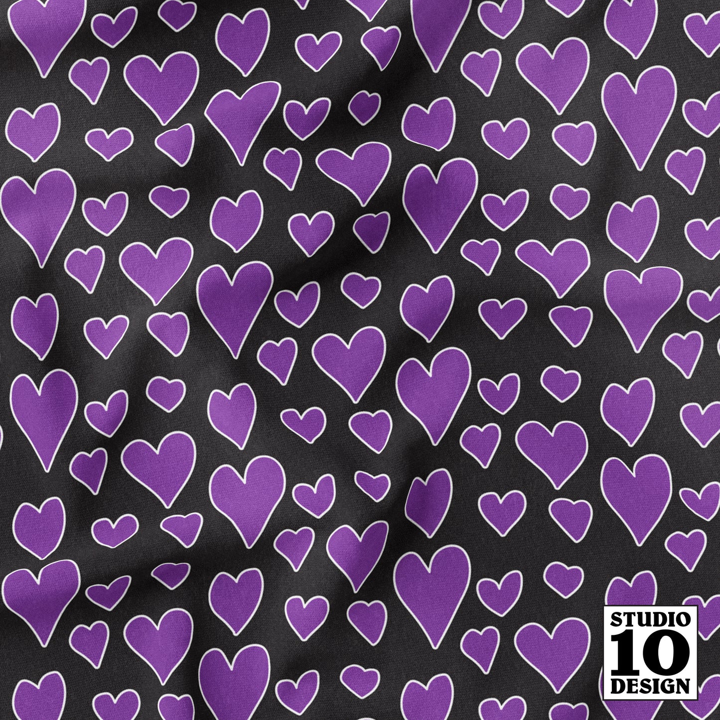 Rainbow Hearts Violet+Black Printed Fabric by Studio Ten Design