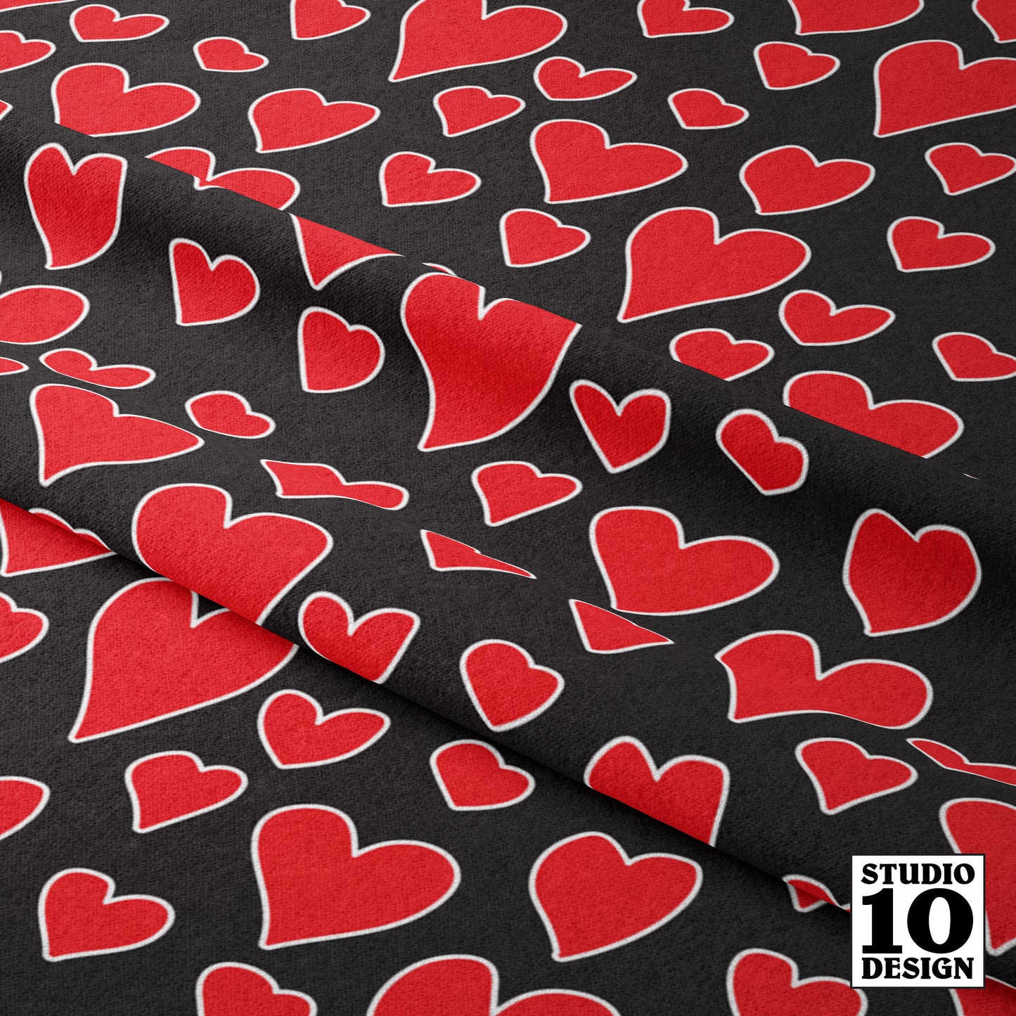 Rainbow Hearts Red+Black Printed Fabric by Studio Ten Design