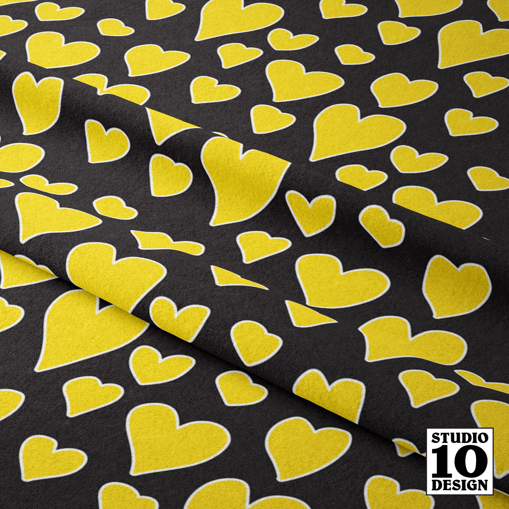 Rainbow Hearts Yellow+Black Printed Fabric by Studio Ten Design