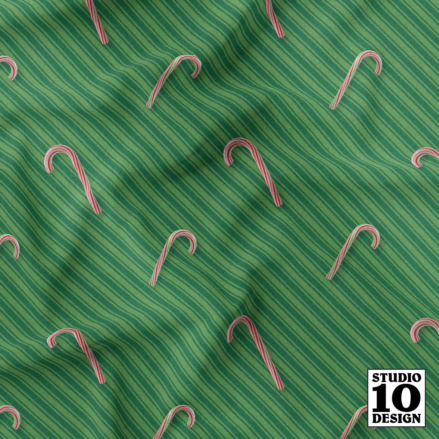 Candy Canes on Green Stripes Printed Fabric by Studio Ten Design