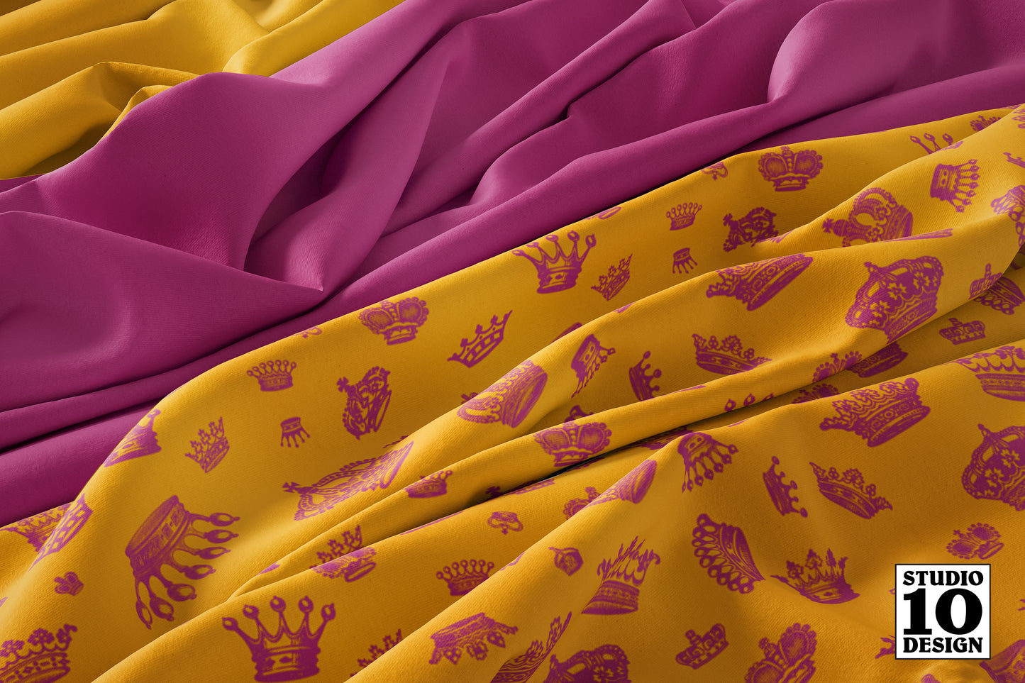 Royal Crowns Bubble Gum+Marigold Printed Fabric by Studio Ten Design