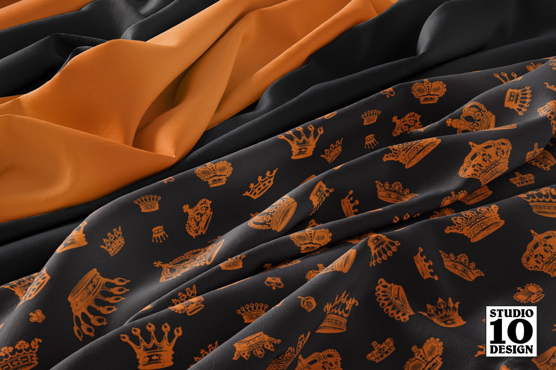 Royal Crowns Carrot+Black Printed Fabric by Studio Ten Design
