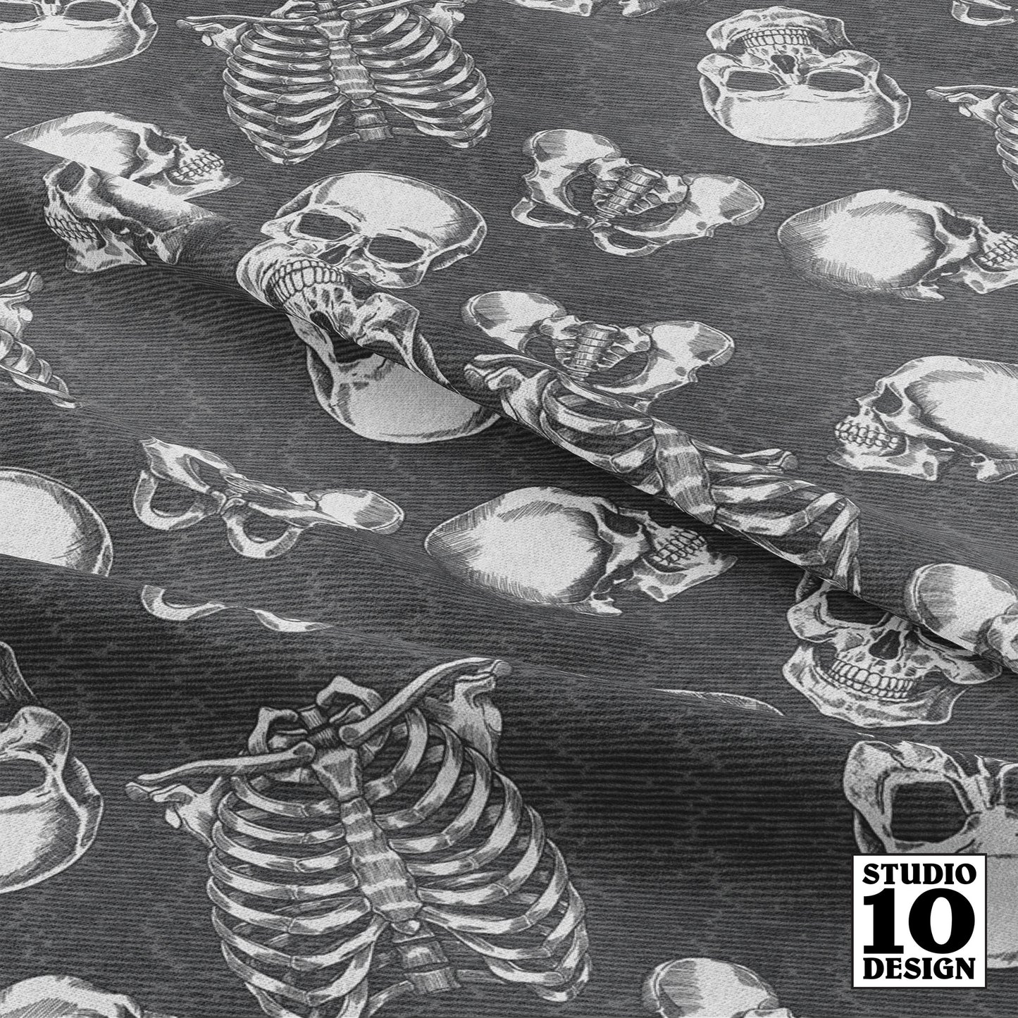 Dem Bones (Grayscale) Printed Fabric by Studio Ten Design