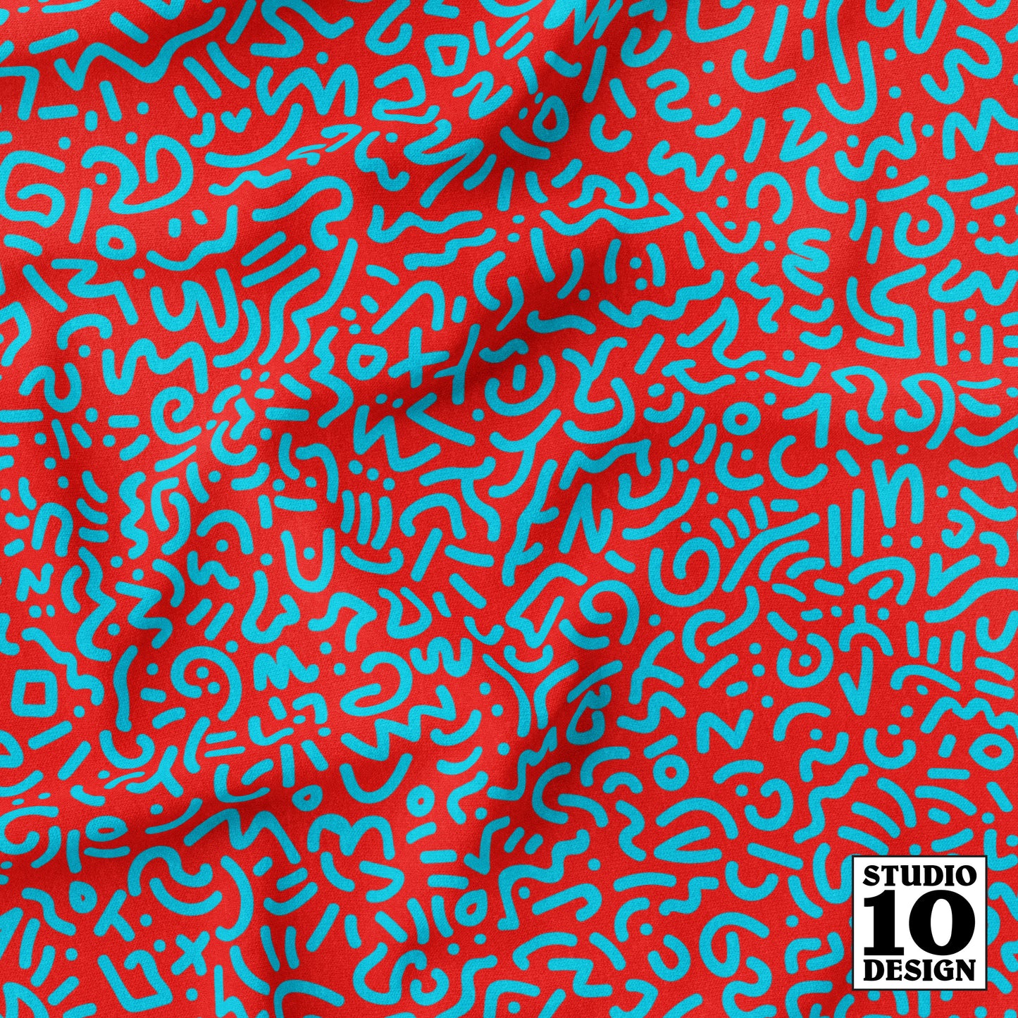 Doodle Aqua+Red Printed Fabric by Studio Ten Design