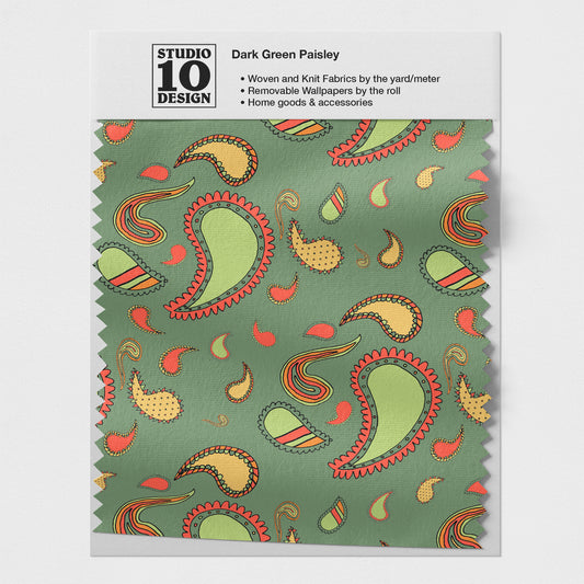 Paisley Spinach Green Printed Fabric by Studio Ten Design