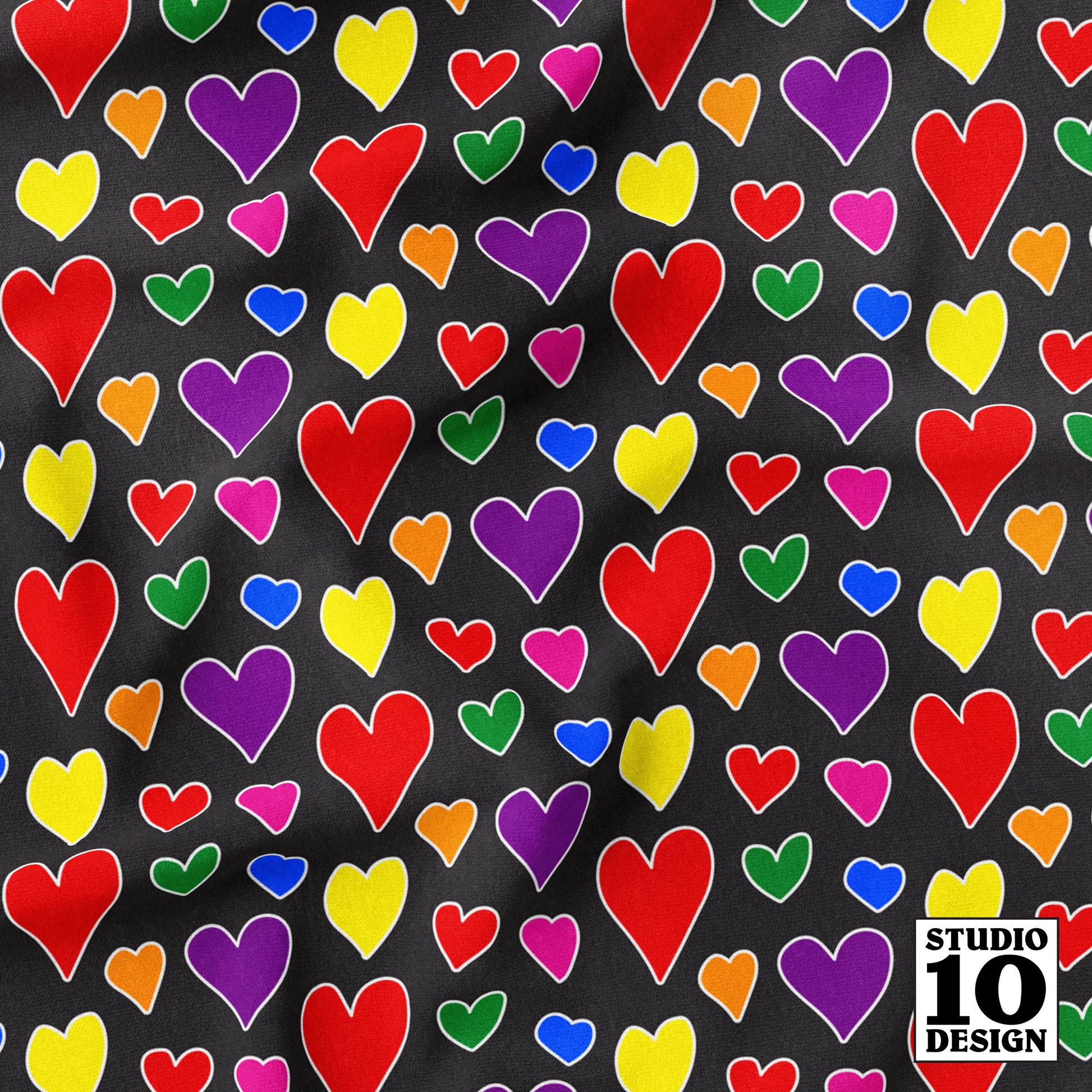 Rainbow Hearts Multicolor+Black Printed Fabric by Studio Ten Design